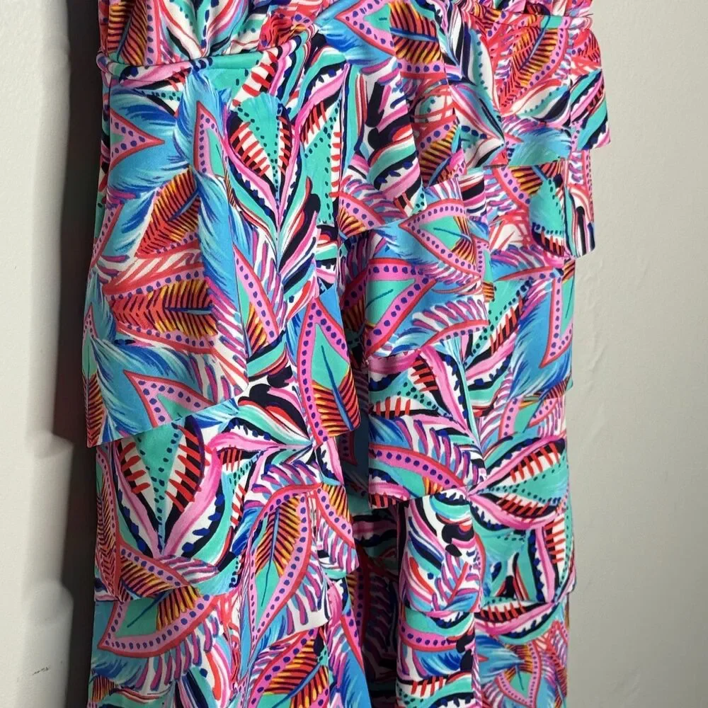 Swim Solutions Womens One Piece Bathing Suit 12 Pink Blue Tropical Tiered Resort - Picture 7 of 12